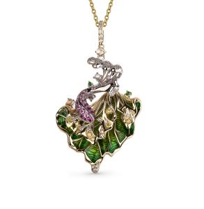 золотая подвеска с рубинами, сапфирами, цаворитами, эмалью, лунными камнями и бриллиантами