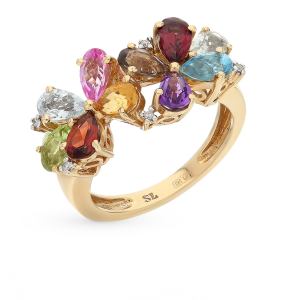 золотое кольцо с аметистом, топазами, гранатом, цитринами и бриллиантами
