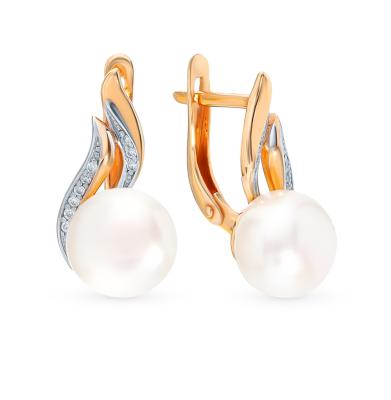 Золотые серьги с фианитами и жемчугом