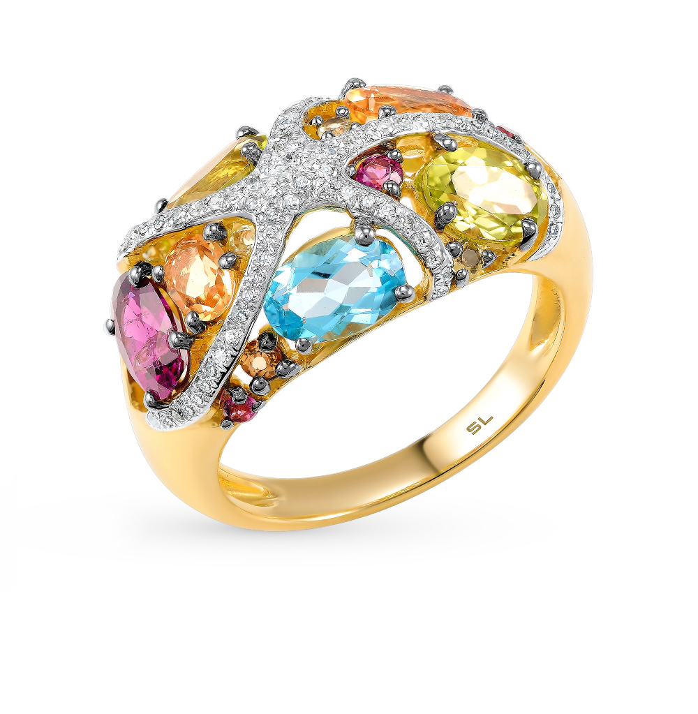 Фото «Золотое кольцо с цитринами, гранатом, топазами, хризолитом и бриллиантами»