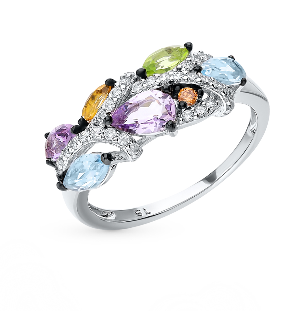 Фото «Серебряное кольцо с фианитами, топазами и аметистом»