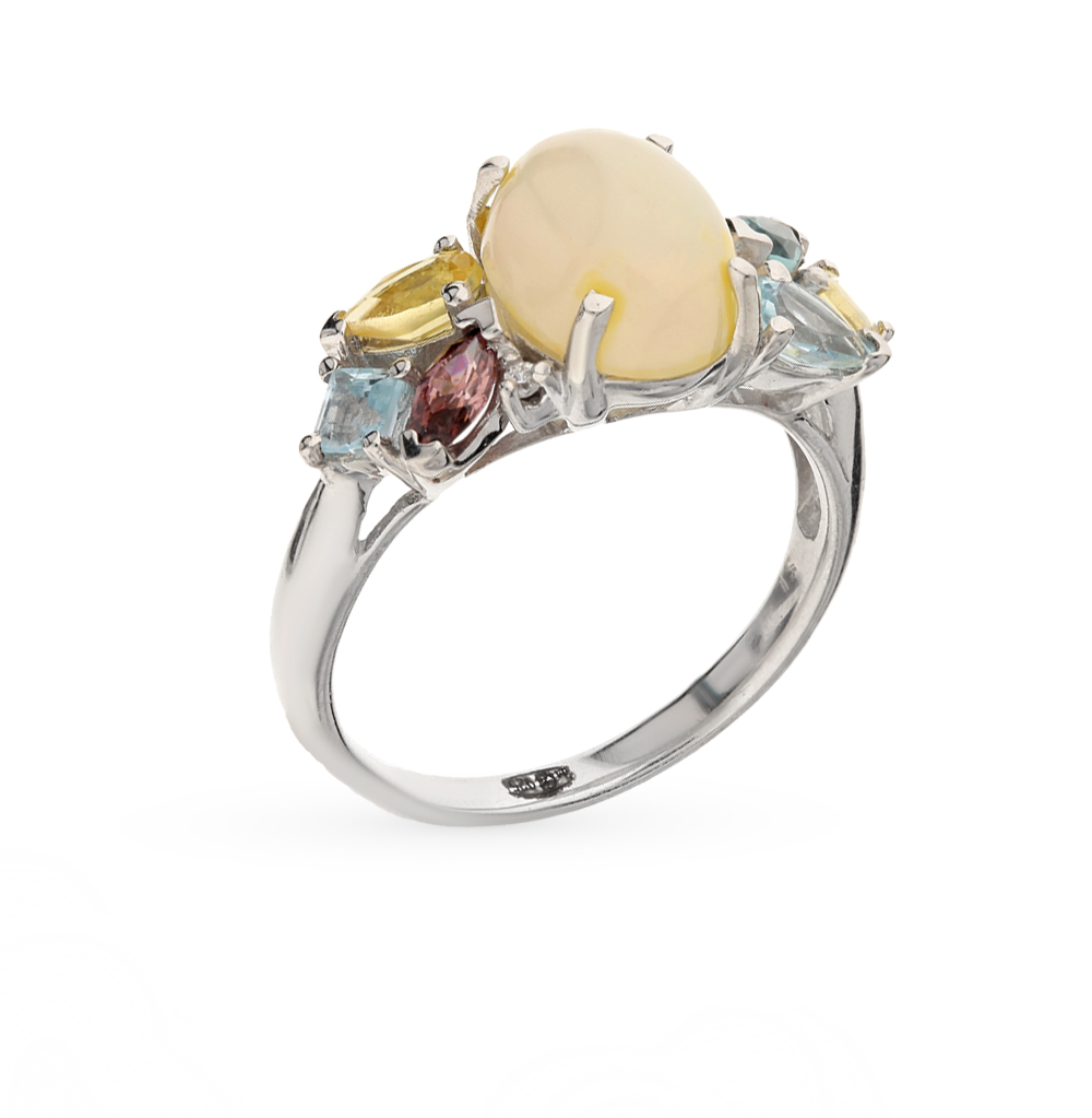 Фото «Серебряное кольцо с цитринами, опалами, фианитами, топазами и родолитами»