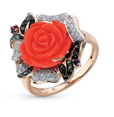 Фото «Золотое кольцо с кораллом, аметистом и бриллиантами»