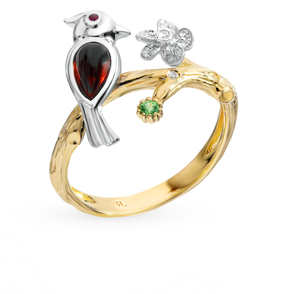 Золотое кольцо с гранатом, сапфирами, рубинами и бриллиантами в Краснодаре