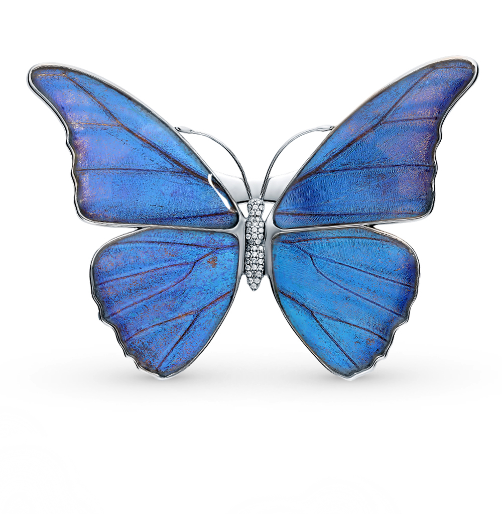 Фото «Серебряная брошь с фианитами, эмалью и крыльями бабочки, 9.5 см»