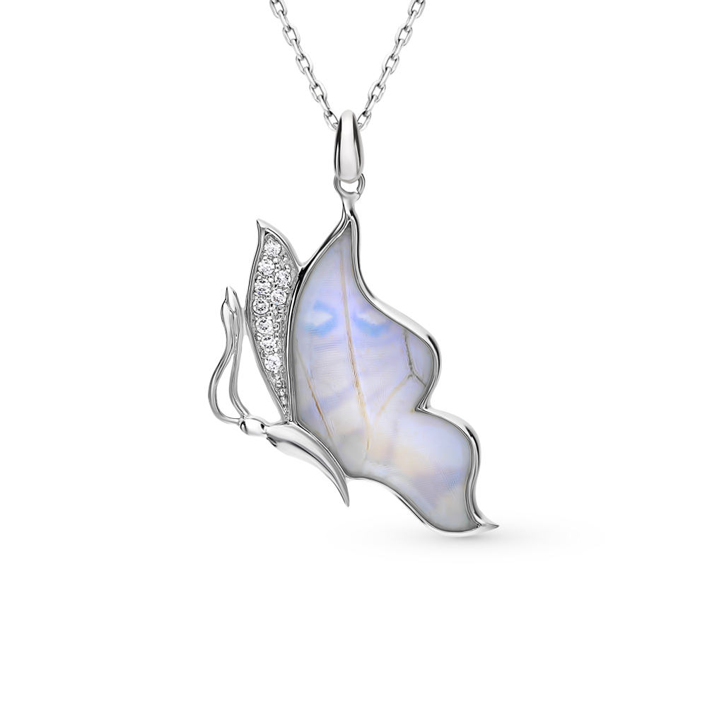 Фото «Серебряное шейное украшение с эмалью, фианитами и крыльями бабочками»