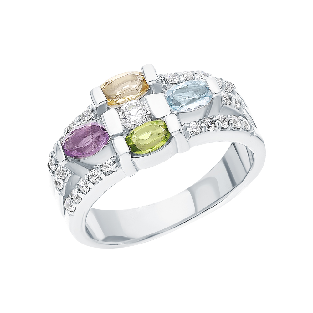 Фото «Серебряное кольцо с цитринами, фианитами, топазами, аметистом и хризолитом»