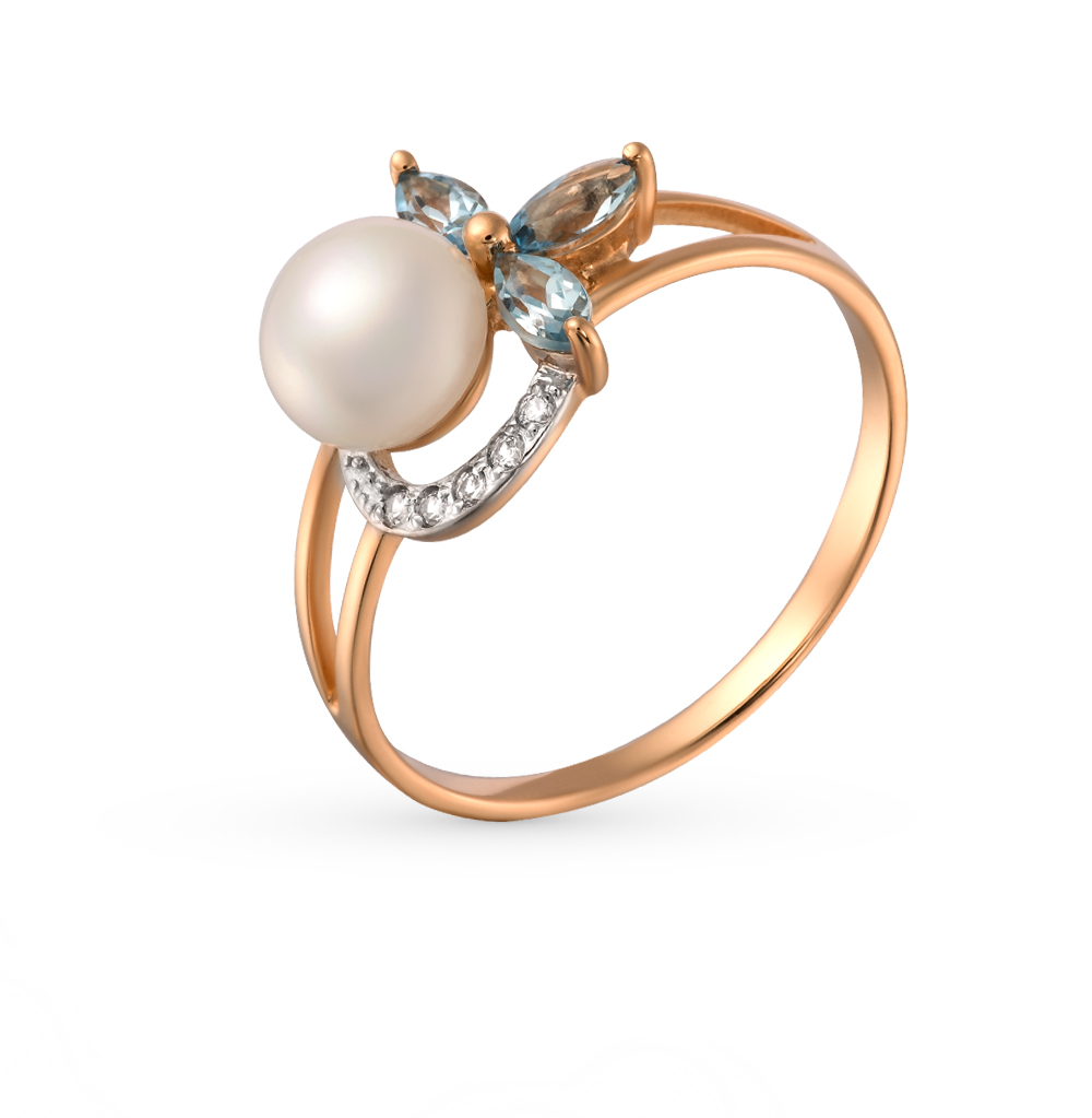 Фото «Золотое кольцо с жемчугом, фианитами и топазами»