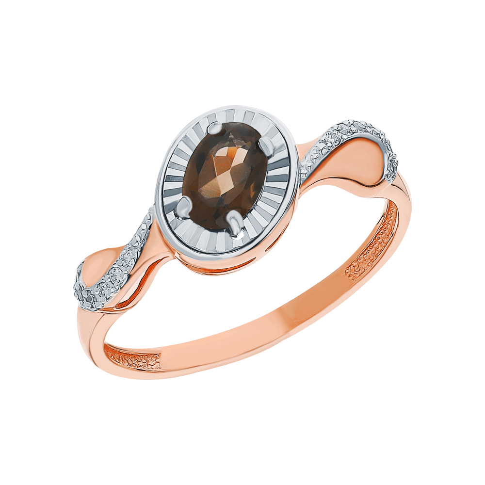 Золотое кольцо с фианитами, серебряной вставкой и кварцами дымчатыми в Новосибирске
