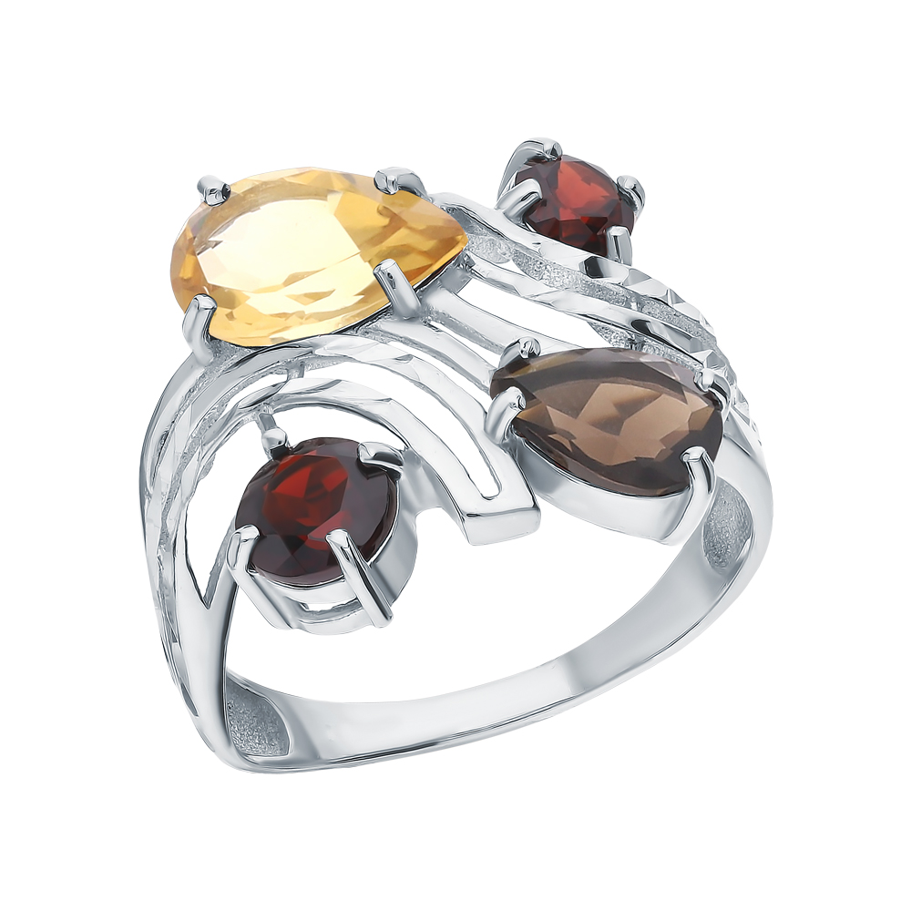 Фото «Серебряное кольцо с цитринами, гранатом и раухтопазами»