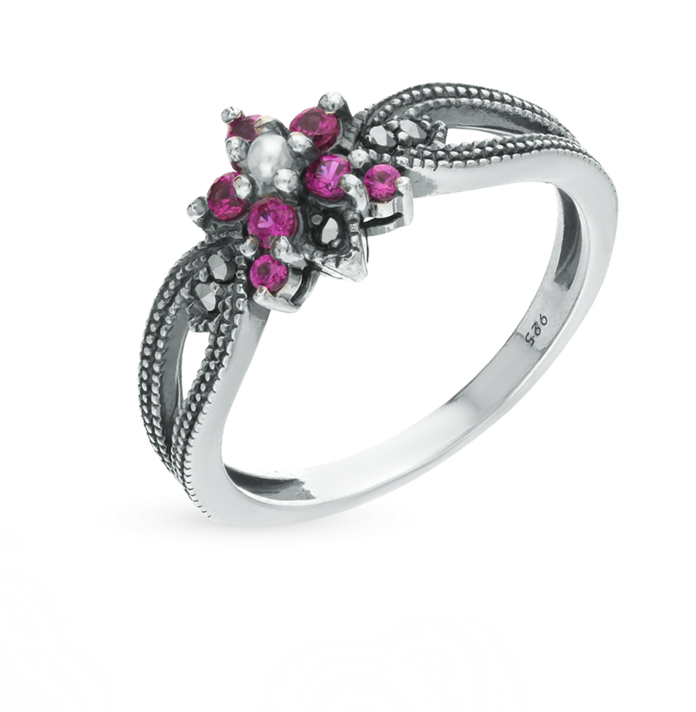 Фото «Серебряное кольцо с жемчугом, сапфирами и марказитами»