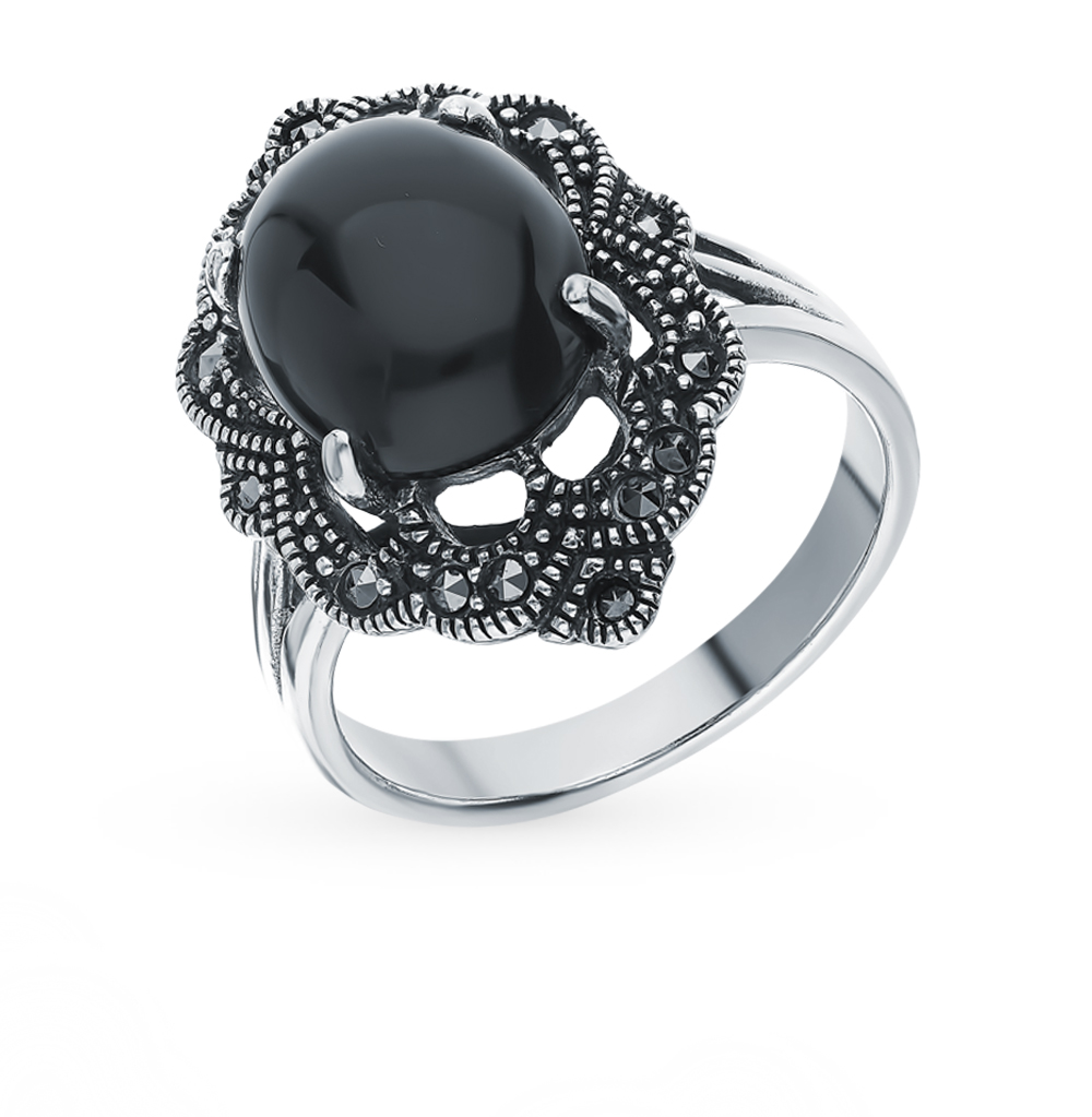 Серебряное кольцо с ониксом и марказитами swarovski в Краснодаре