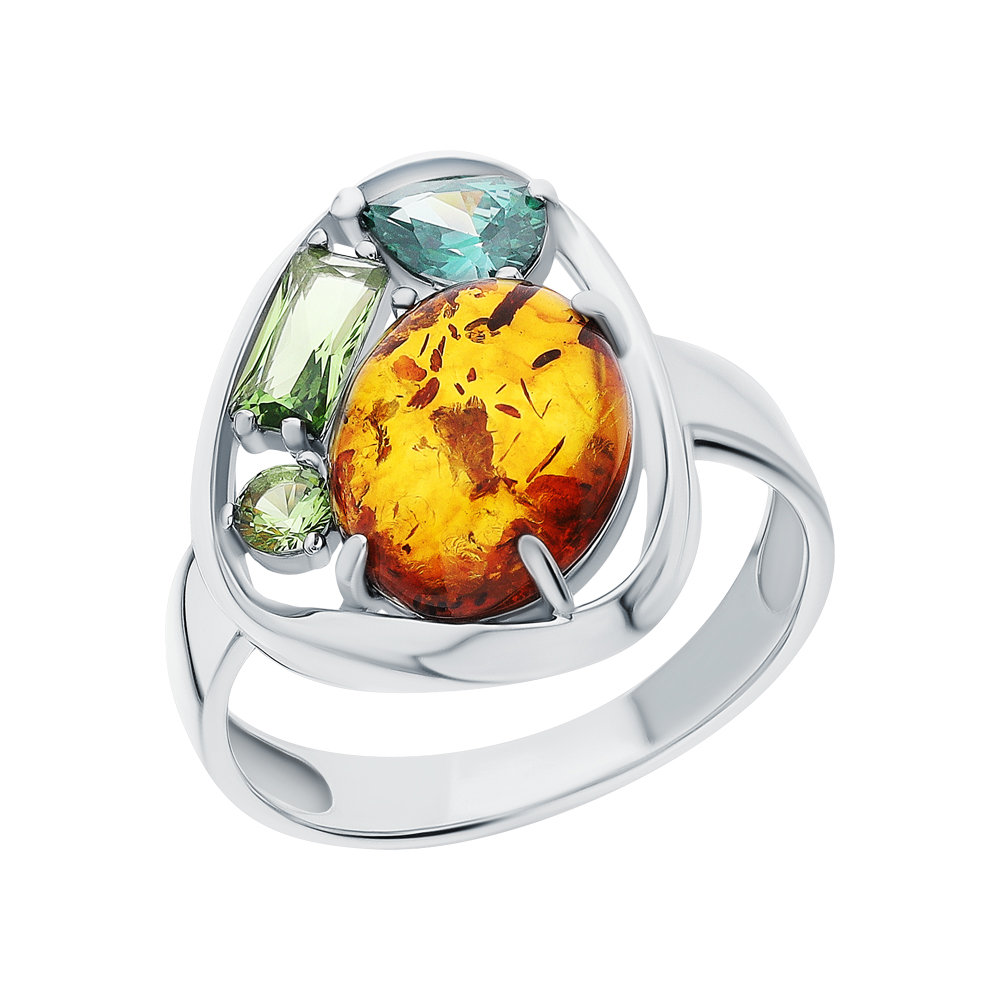 Фото «Серебряное кольцо с янтарем, фианитами, хризолитом и ситаллами»