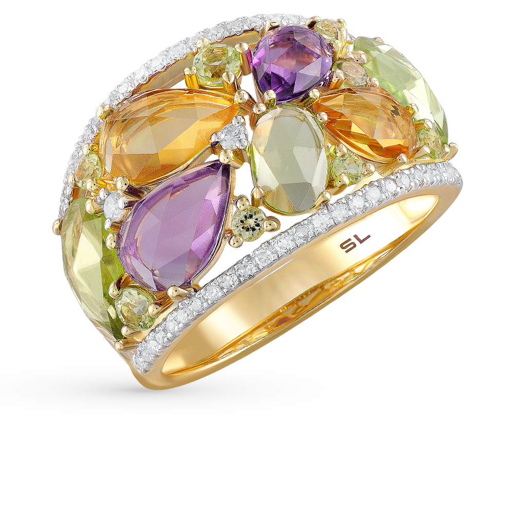 Золотое кольцо с цитринами, аметистом, хризолитом и бриллиантами в Екатеринбурге
