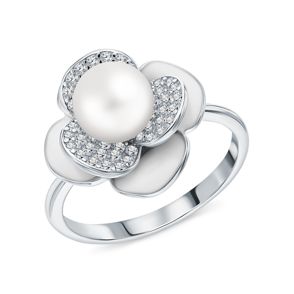 Фото «Серебряное кольцо с эмалью, жемчугом и фианитами»