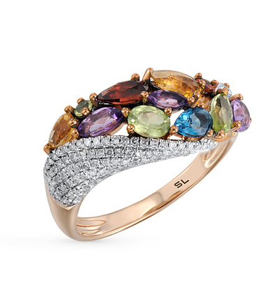 Золотое кольцо с цитринами, гранатом, топазами, аметистом, хризолитом и бриллиантами в Екатеринбурге