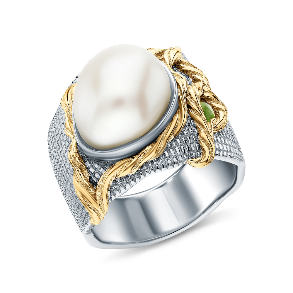 Серебряное кольцо с жемчугом и перидотами в Новосибирске