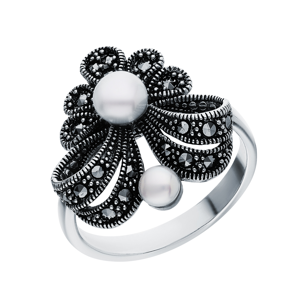 Фото «Серебряное кольцо с жемчугом и марказитами swarovski»