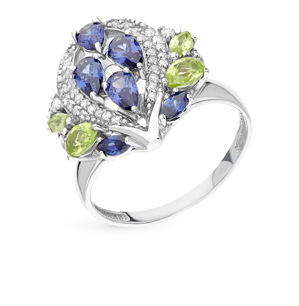 Фото «Серебряное кольцо с фианитами, хризолитом и танзанитом»