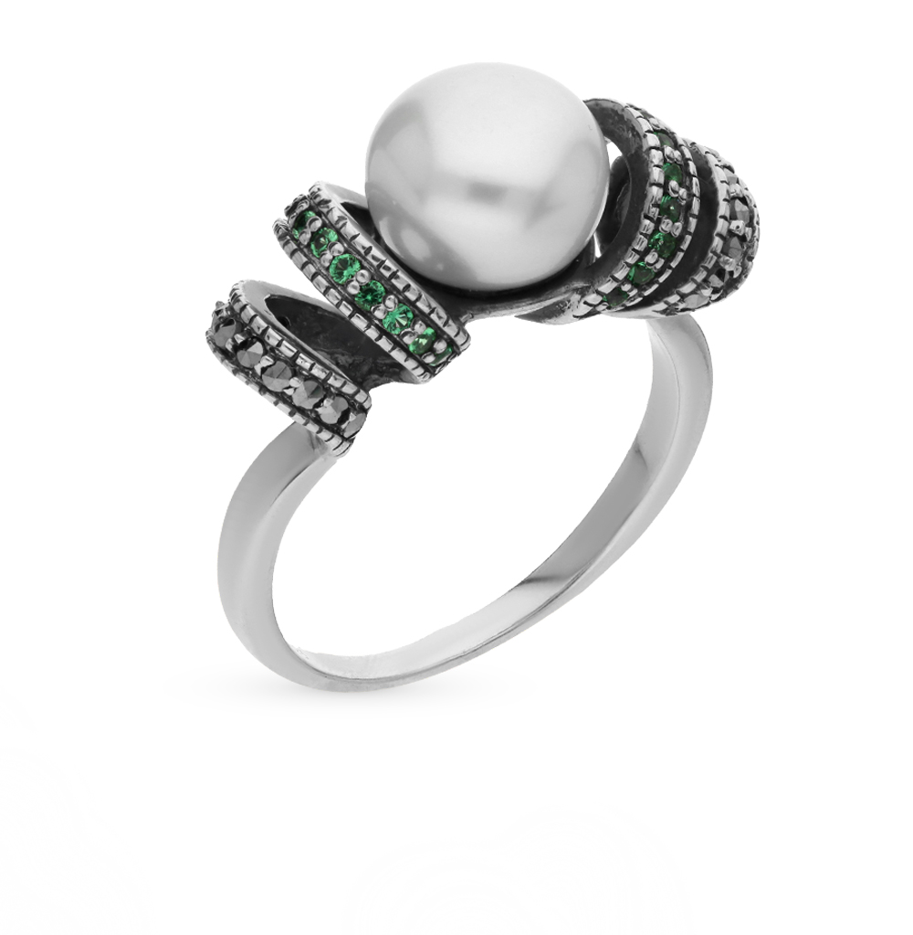 Серебряное кольцо с жемчугом, фианитами и марказитами в Самаре