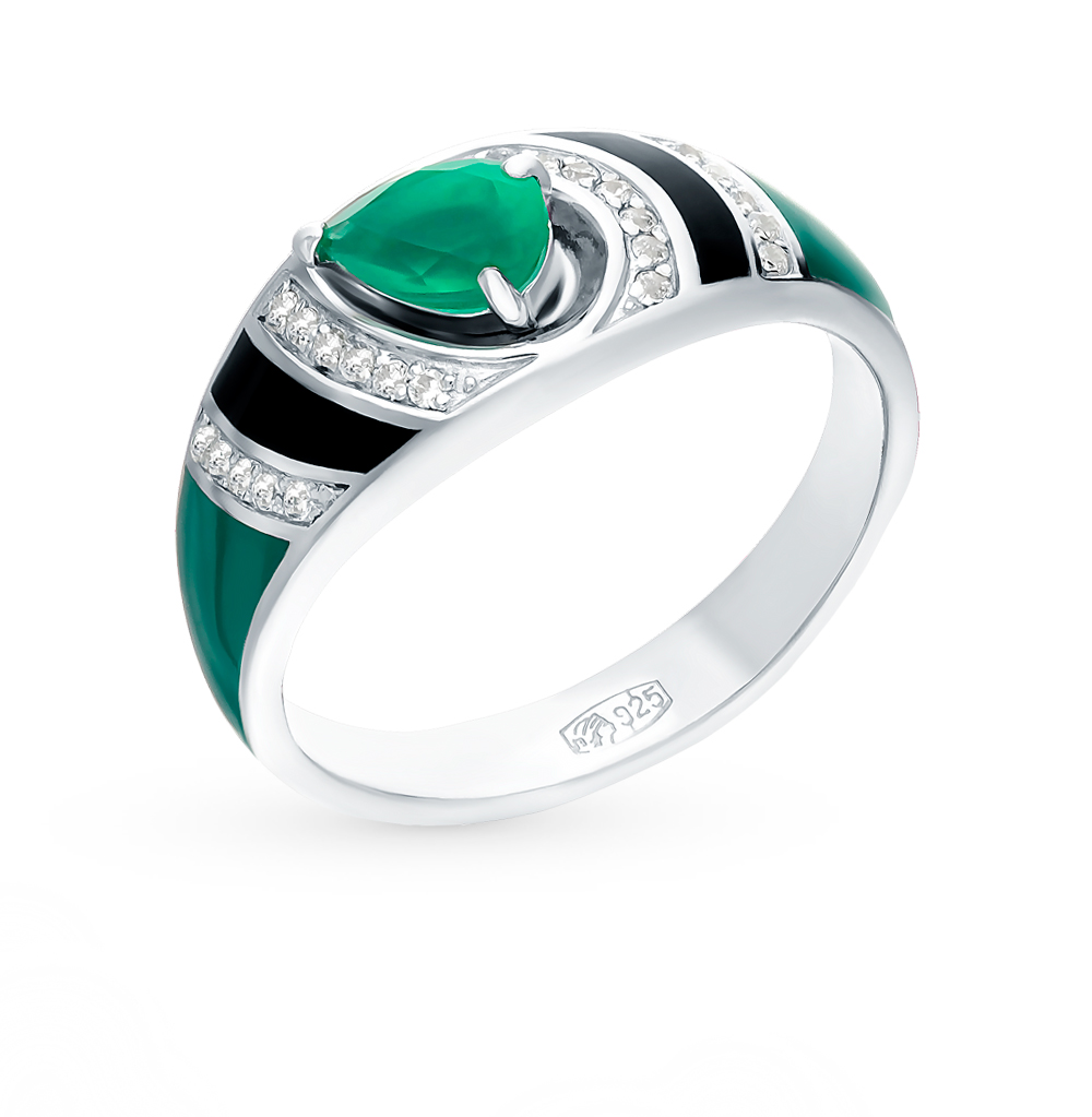 Фото «Серебряное кольцо с эмалью, агатом и фианитами»
